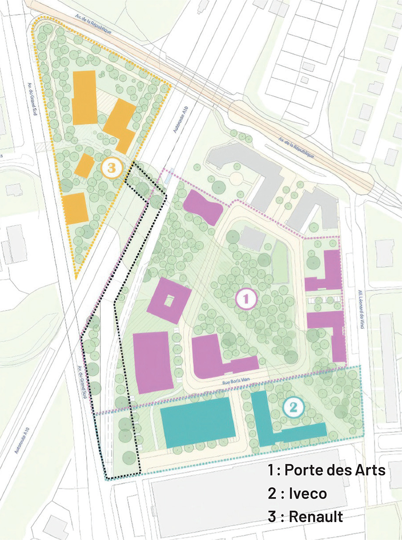 Plan du futur quartier montrant les zones allouées aux logements, à Iveco et à Renault
